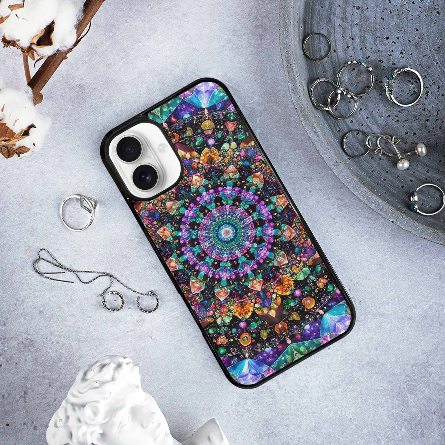 iPhone 16 Plus Case — Crystal Mandala Art Seamless Pattern Vibrant, Customized Protective Case