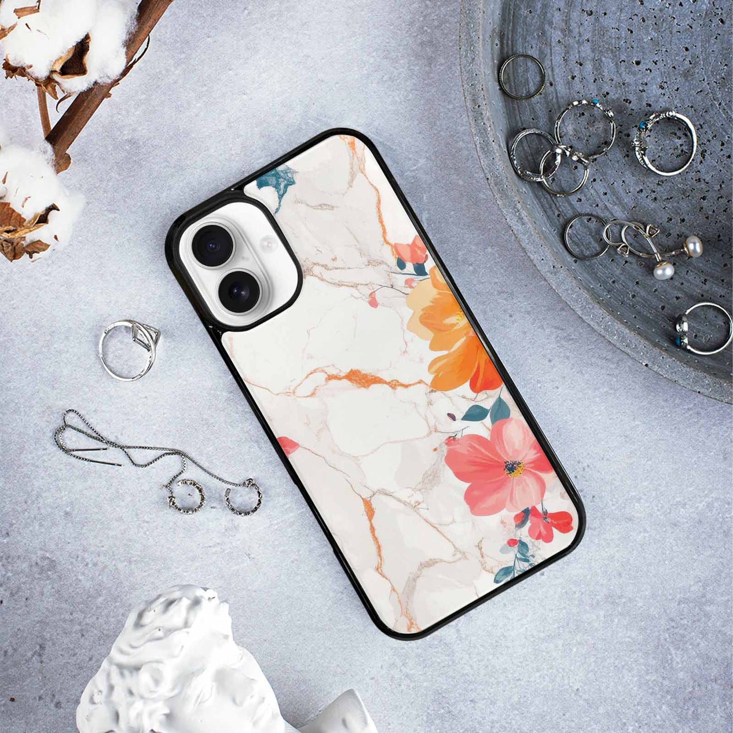iPhone 16 Plus Case — Marble Floral, Custom Designed Case Cover