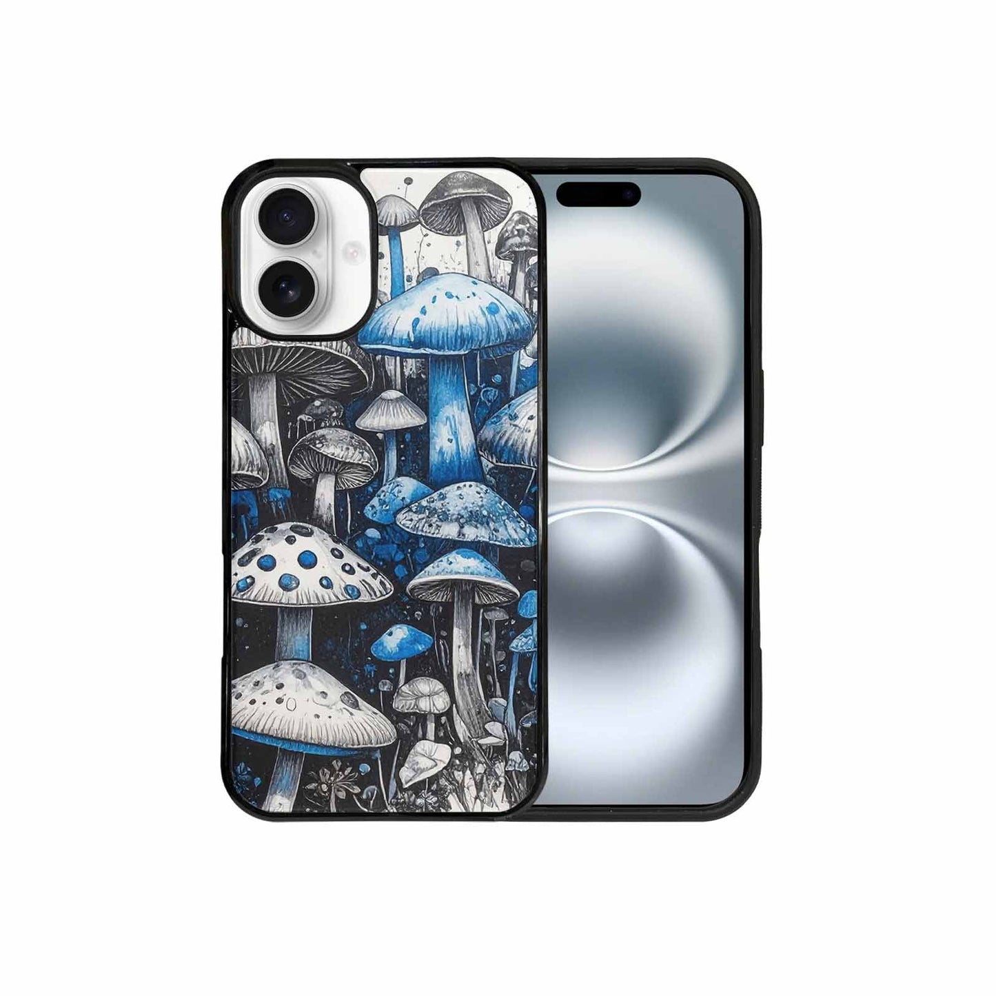 iPhone 16 Plus Case — Mushrooms General Black Blue Ink Mushrooms, Custom Print Case Cover