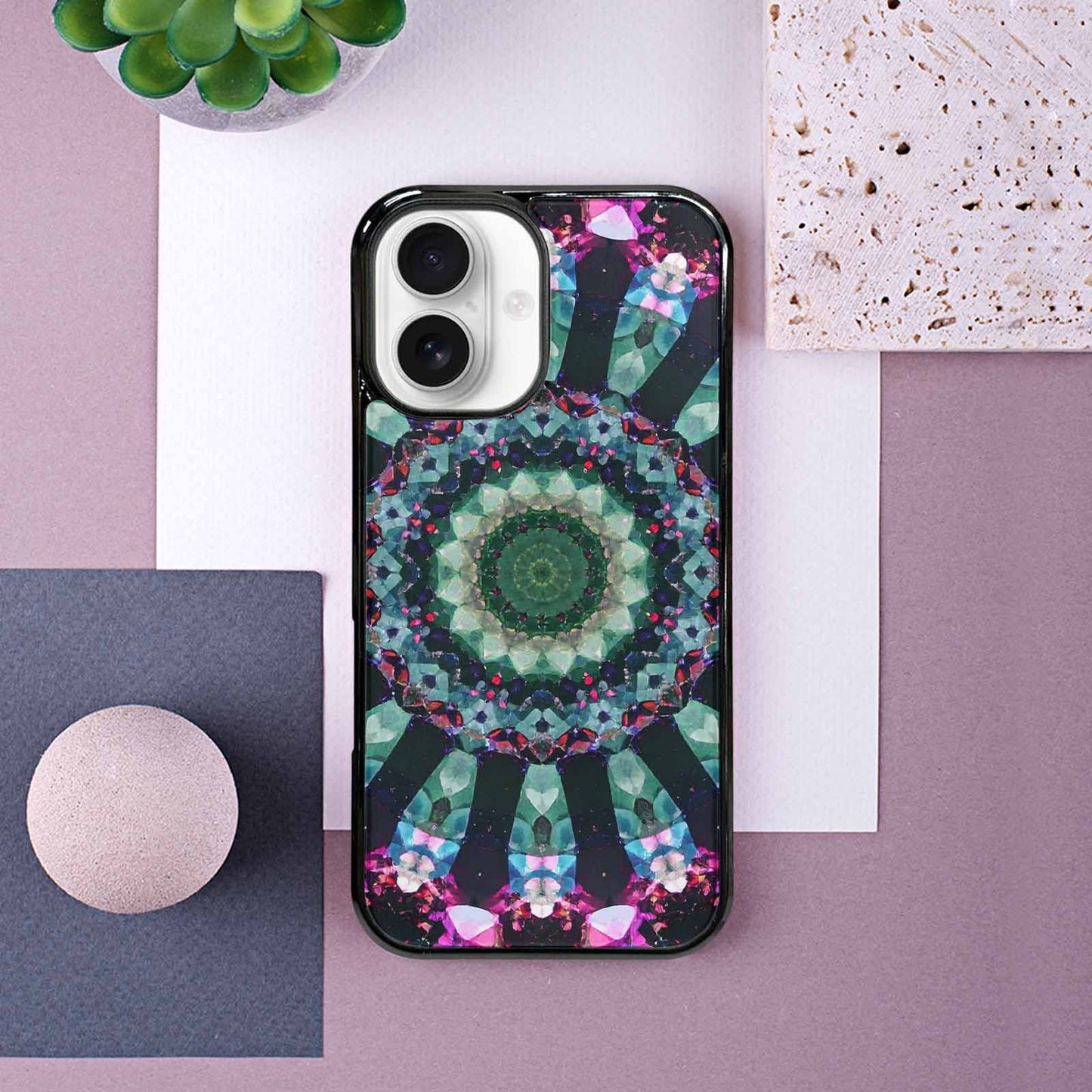 iPhone 16 Case — Crystal Mandala Art Seamless Pattern Vibrant, Custom Art Phone Cover