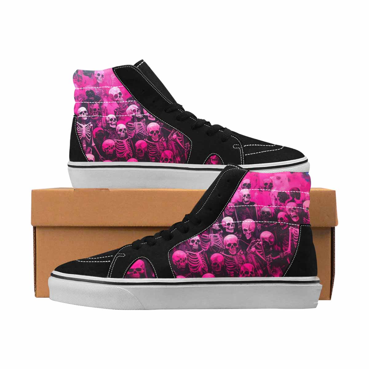 MEN'S Skulls Neon Pink Glow High Top Canvas Original Design Wallpaper Art Custom Sneakers
