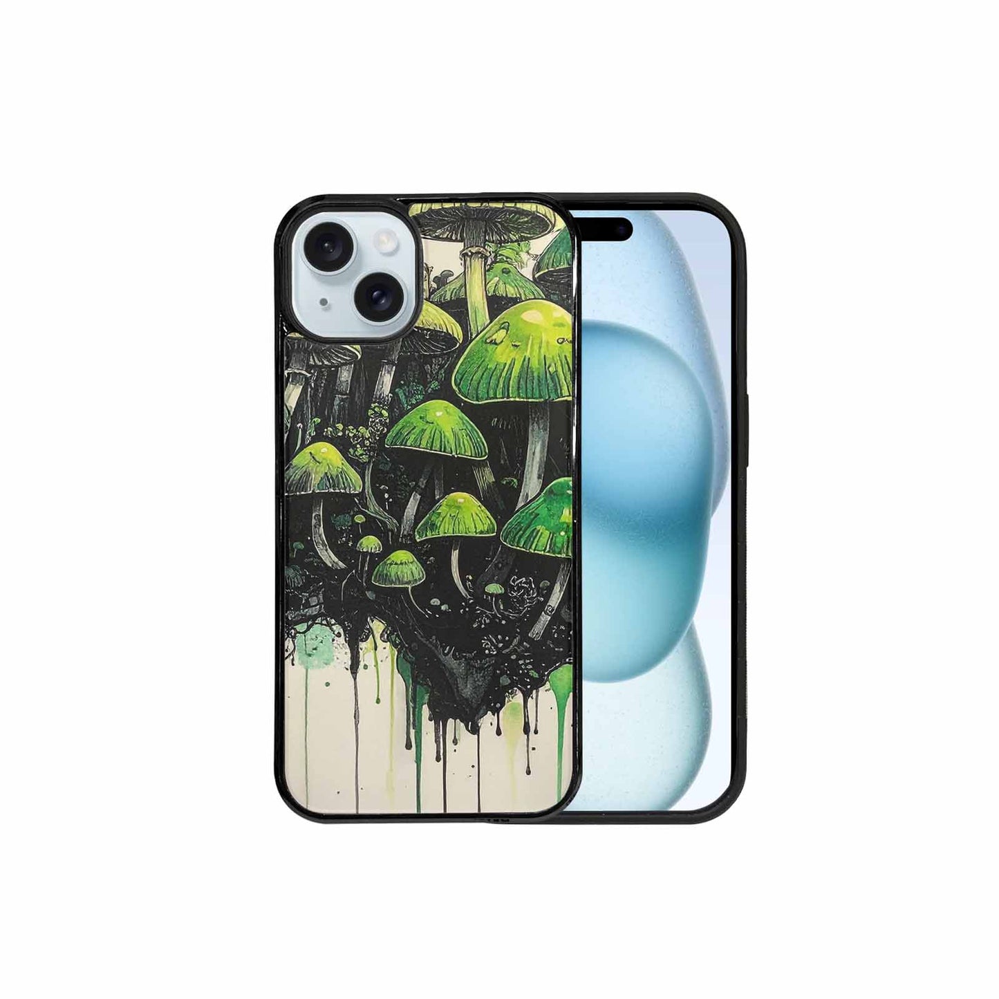 iPhone 15 Plus Case — Rainbow Drip Mushrooms Black Green Ink, Unique Phone Case Design