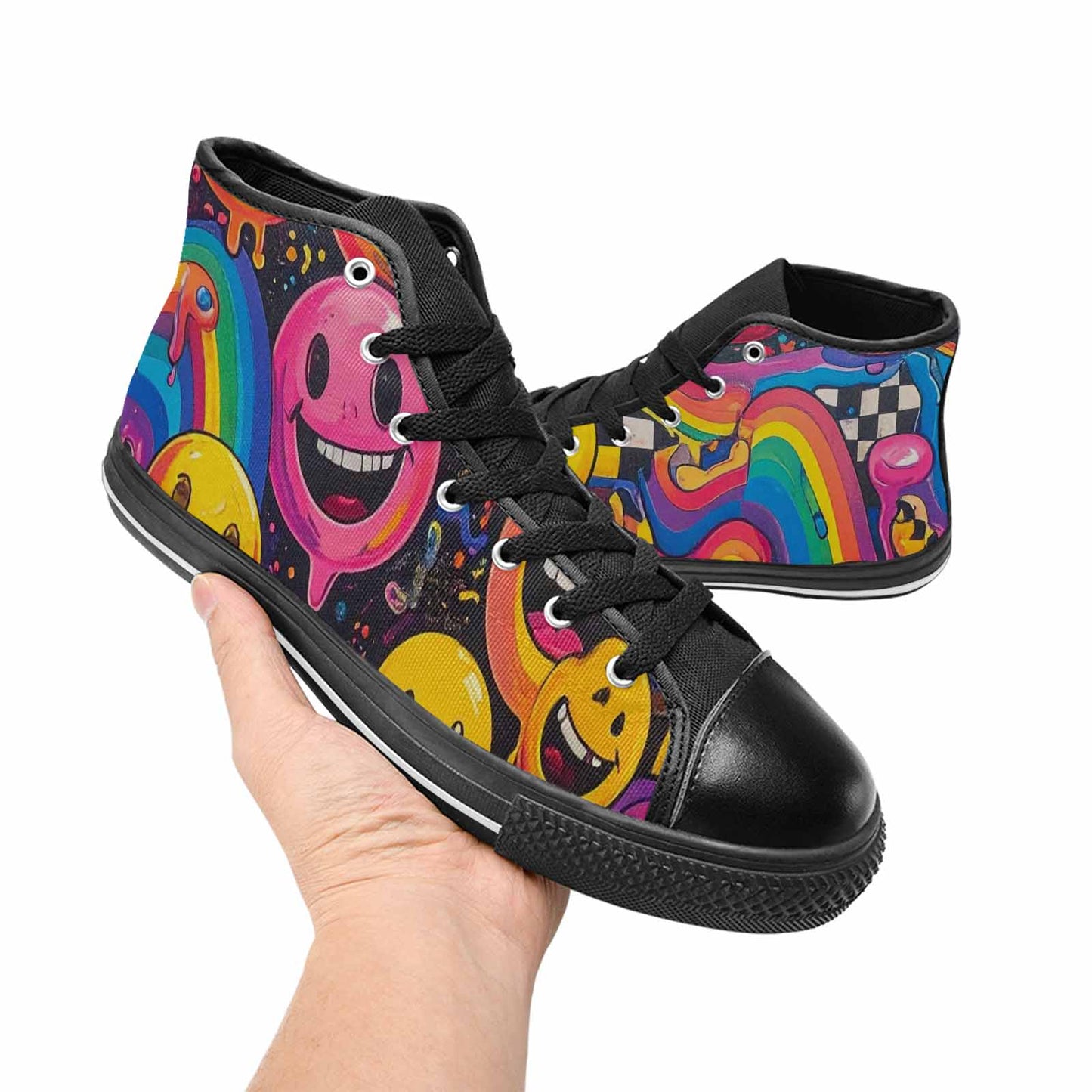MEN'S Yellow Smiley Face High Top Canvas Grunge Sneakers