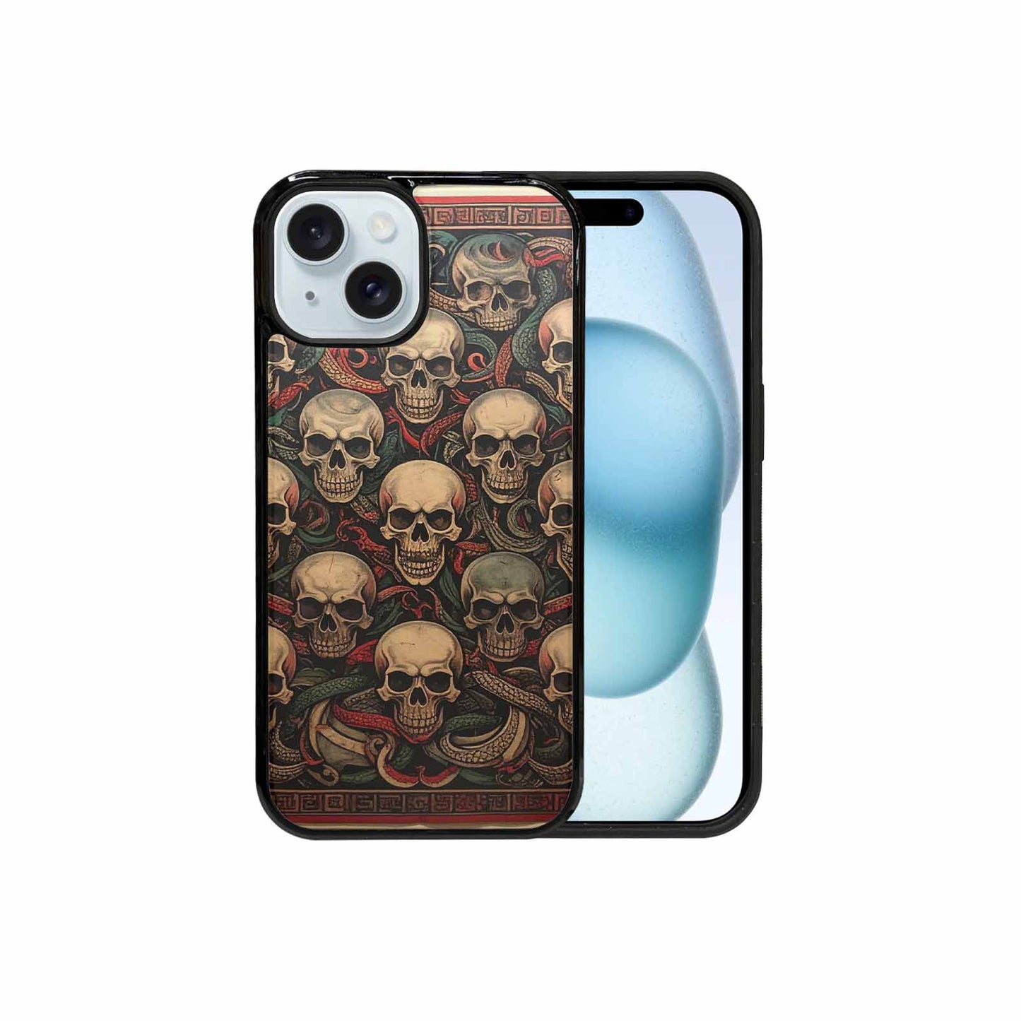 iPhone 15 Case — Traditional Tattoo Style Skulls Entwined With, Custom Art Phone Cover