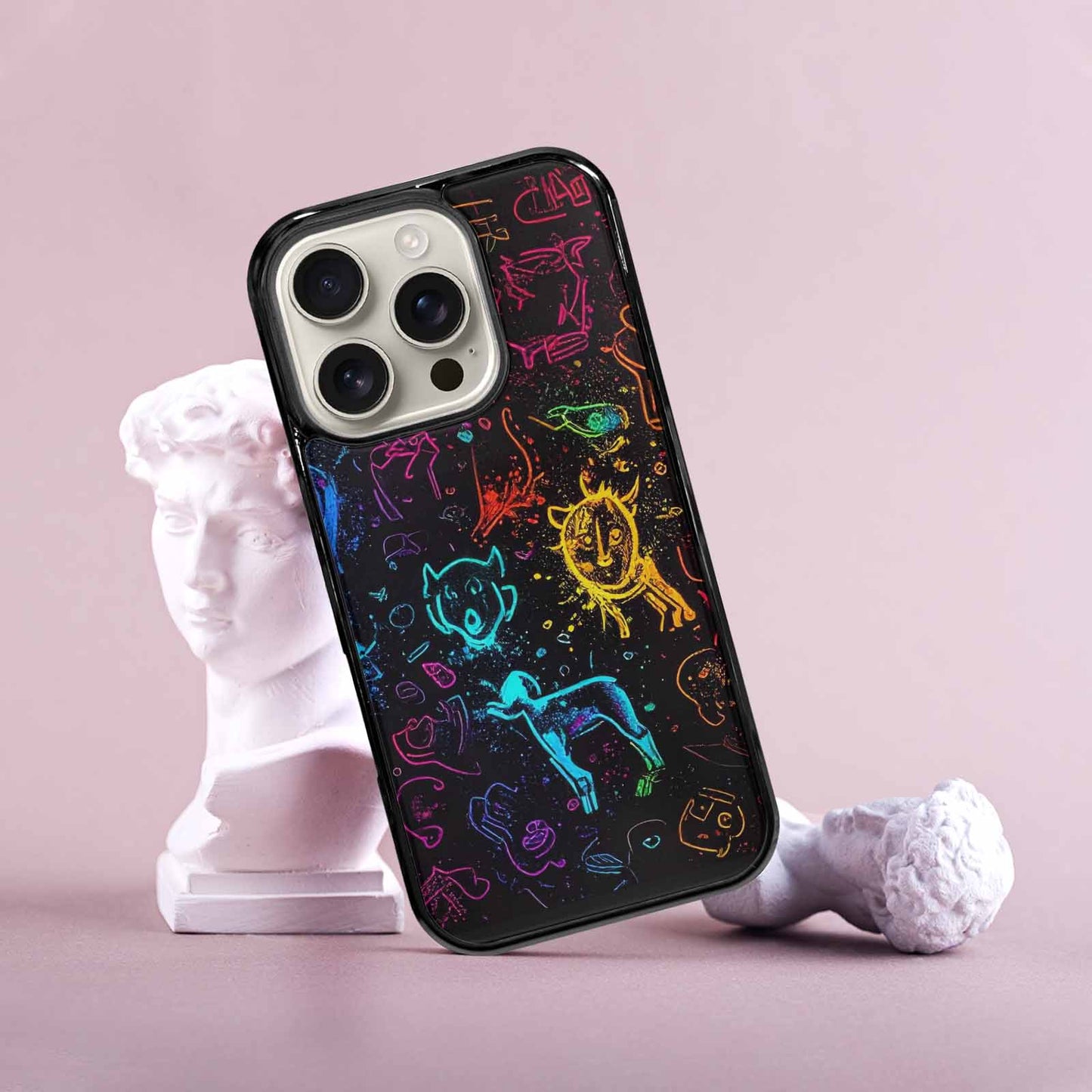 iPhone 16 Pro Case — Neon Glow Outline Icon Pattern Hundreds, Custom Phone Case