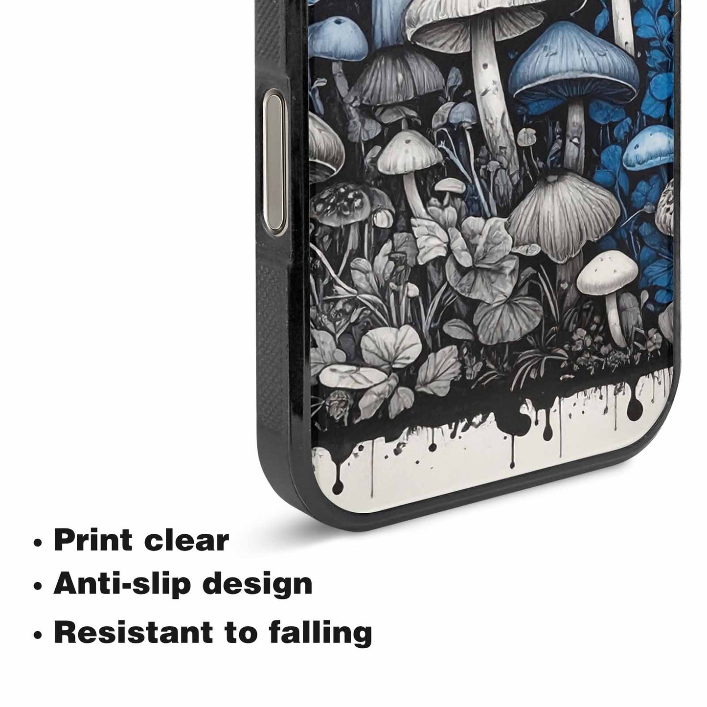 iPhone 16 Pro Case — Mushrooms General Black Blue Ink Mushrooms, Custom Made Phone Cover