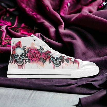 Men's Skulls Roses Deluxe custom high-top canvas shoes — wearable art by Freaky Shoes
