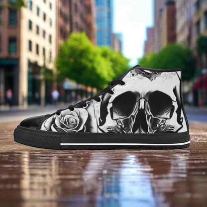 Women's Grey Skull & Roses Black & White high-top canvas shoes — one-of-a-kind custom printed art, Freaky Shoes