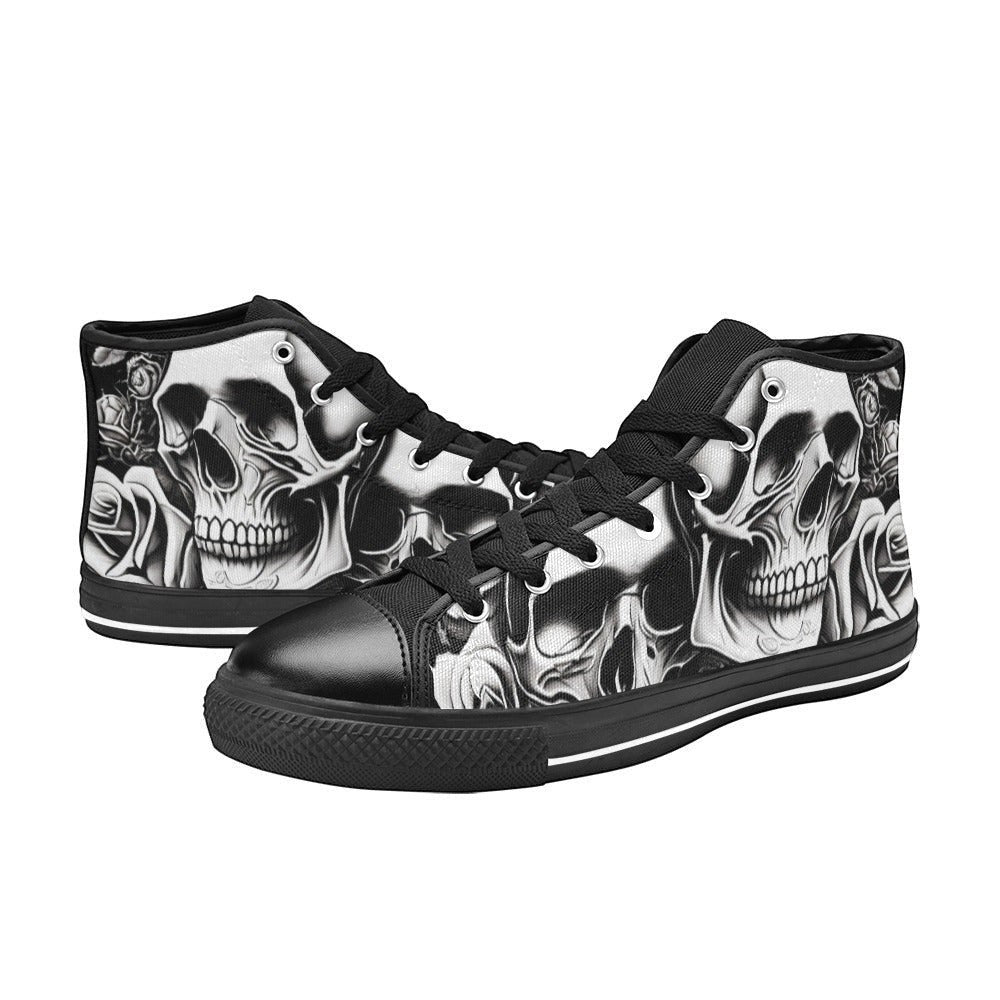 Freaky Shoes custom art sneakers with black and white skull art, made to order
