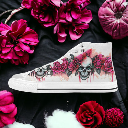 Men's Skulls Roses Deluxe hand-made high-top canvas shoes — unique wearable art by Freaky Shoes
