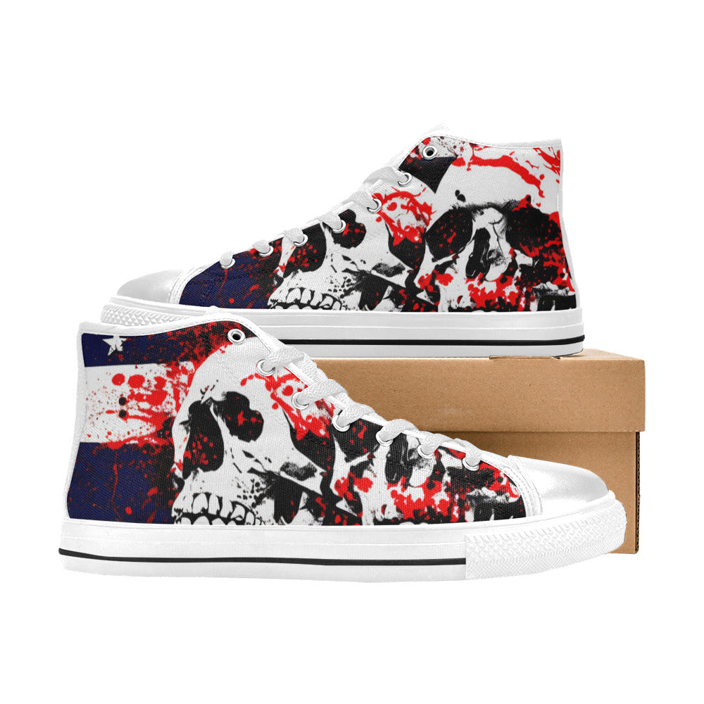 WOMEN'S Patriotic Splatter Skulls High Top Canvas Vibrant Chaos Custom Sneakers