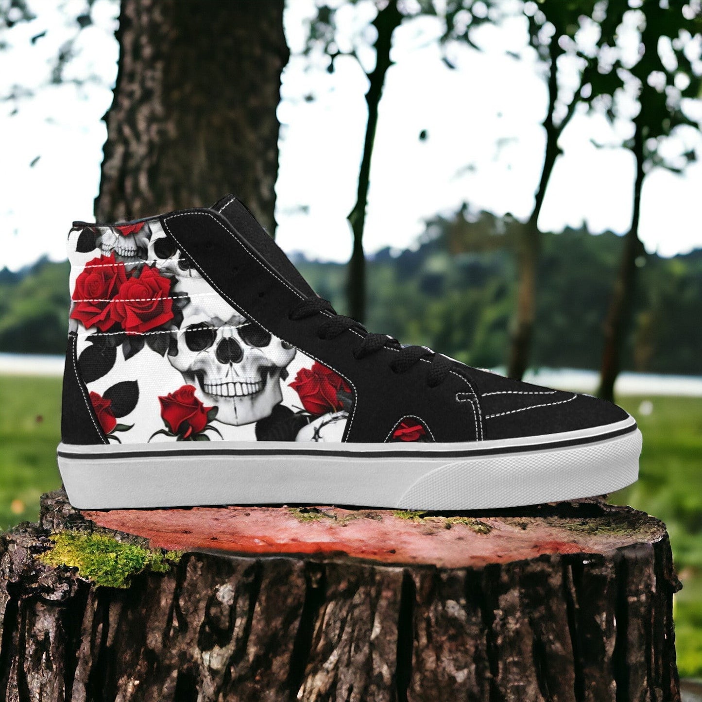Men's Skulls Roses Deluxe custom high-top canvas shoes — wearable art by Freaky Shoes