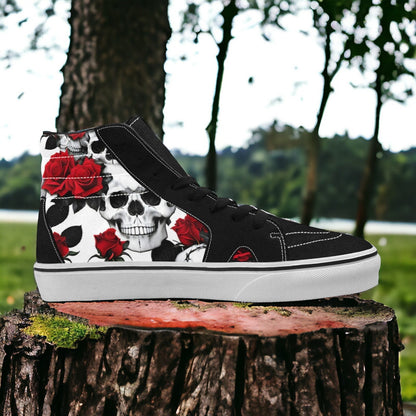 Men's Skulls Roses Deluxe custom high-top canvas shoes — wearable art by Freaky Shoes