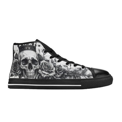 Freaky Shoes custom art sneakers with skull and roses, made to order wearable art
