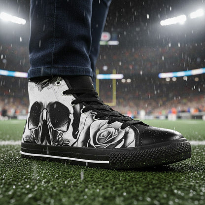 Women's Grey Skull & Roses Black & White custom high-top canvas shoes — wearable art by Freaky Shoes