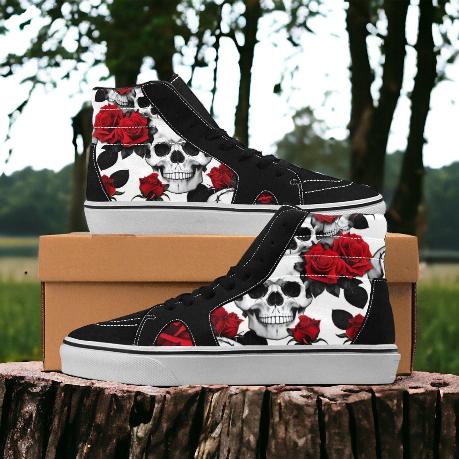 Men's Skulls Roses Deluxe hand-made high-top canvas shoes — unique wearable art by Freaky Shoes