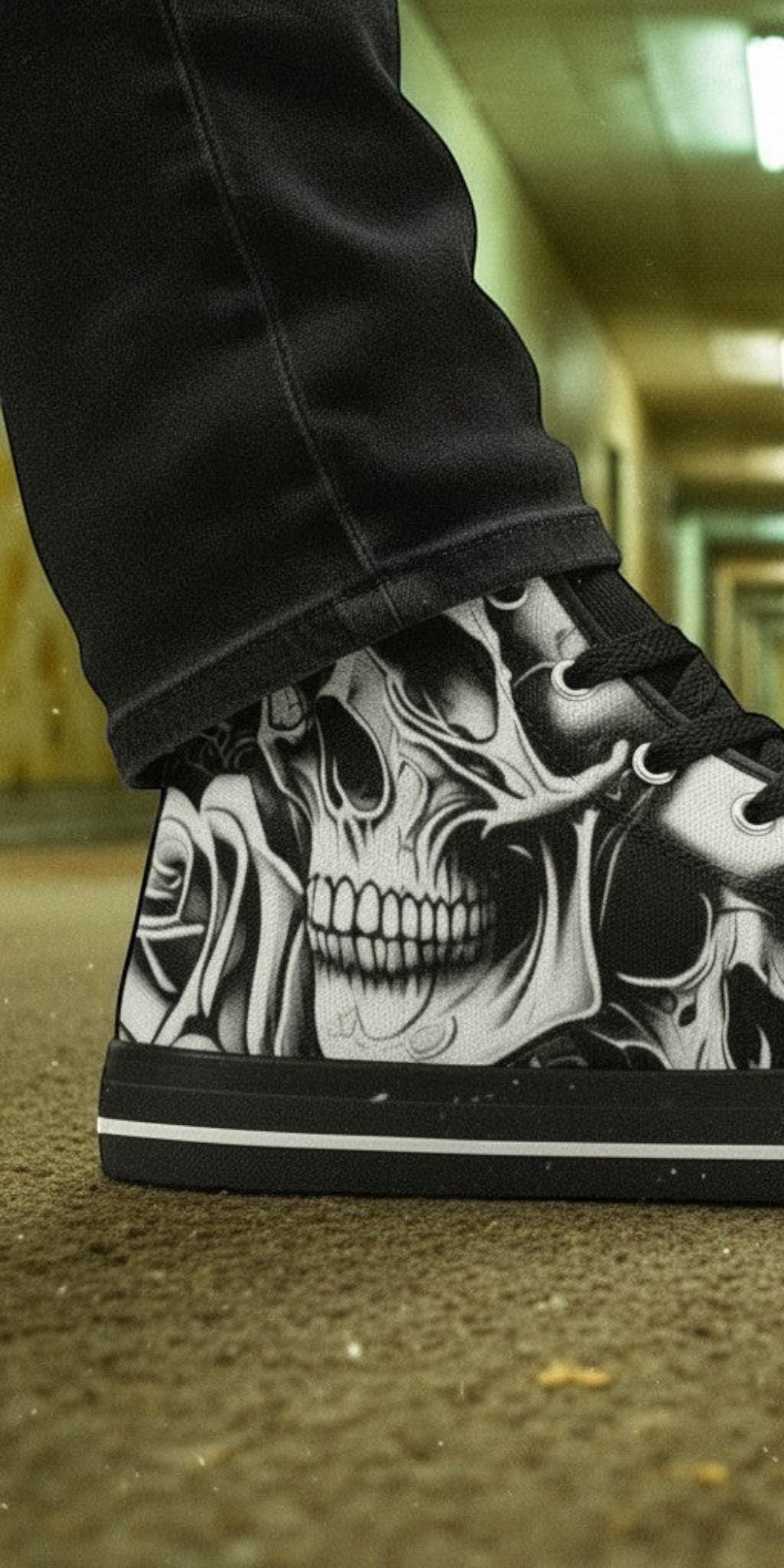 Men's Cartoon Skulls & Roses custom high-top canvas shoes — wearable art by Freaky Shoes