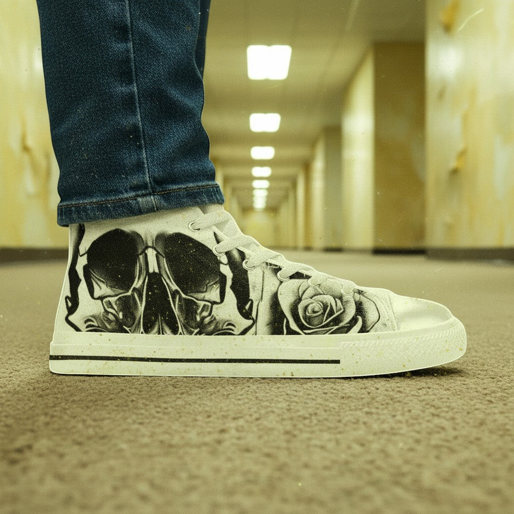 Men's Grey Skull & Roses Black & White hand-made high-top canvas shoes — unique wearable art by Freaky Shoes