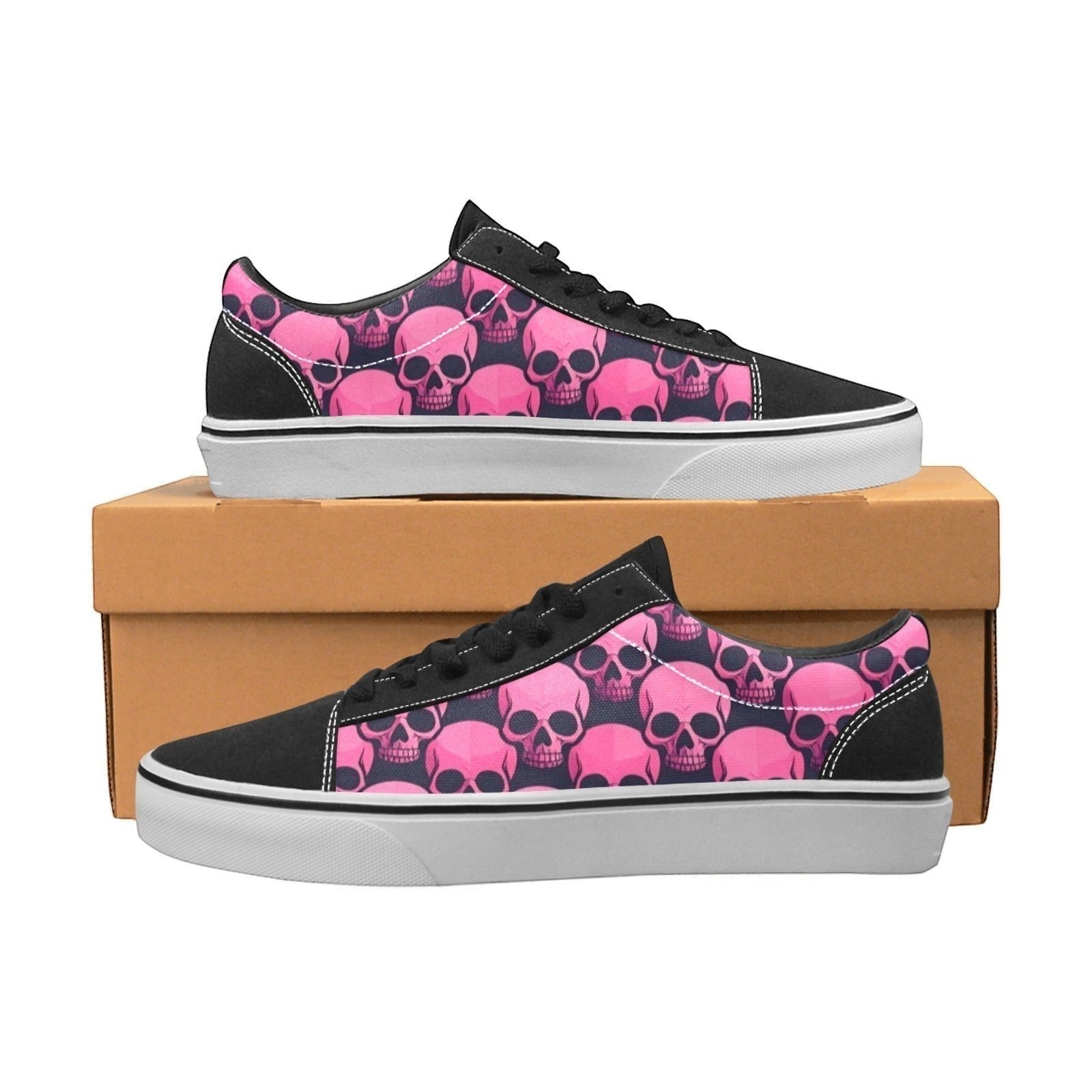Freaky Shoes pink skull art custom sneakers made to order, black canvas with white sole