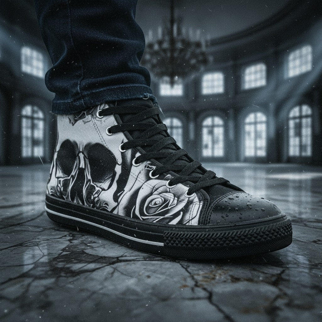 Women's Grey Skull & Roses Black & White hand-made high-top canvas shoes — unique wearable art by Freaky Shoes