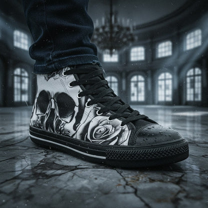 Women's Grey Skull & Roses Black & White hand-made high-top canvas shoes — unique wearable art by Freaky Shoes