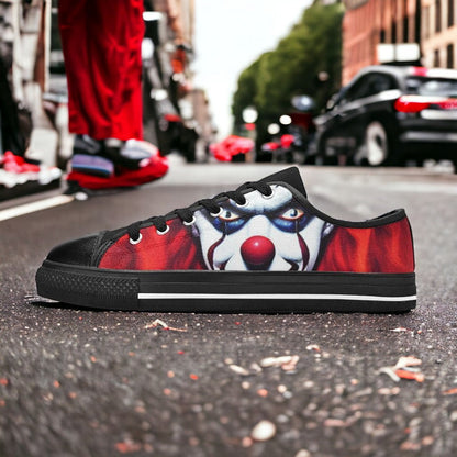Men's Evil Clown custom high-top canvas shoes — wearable art by Freaky Shoes