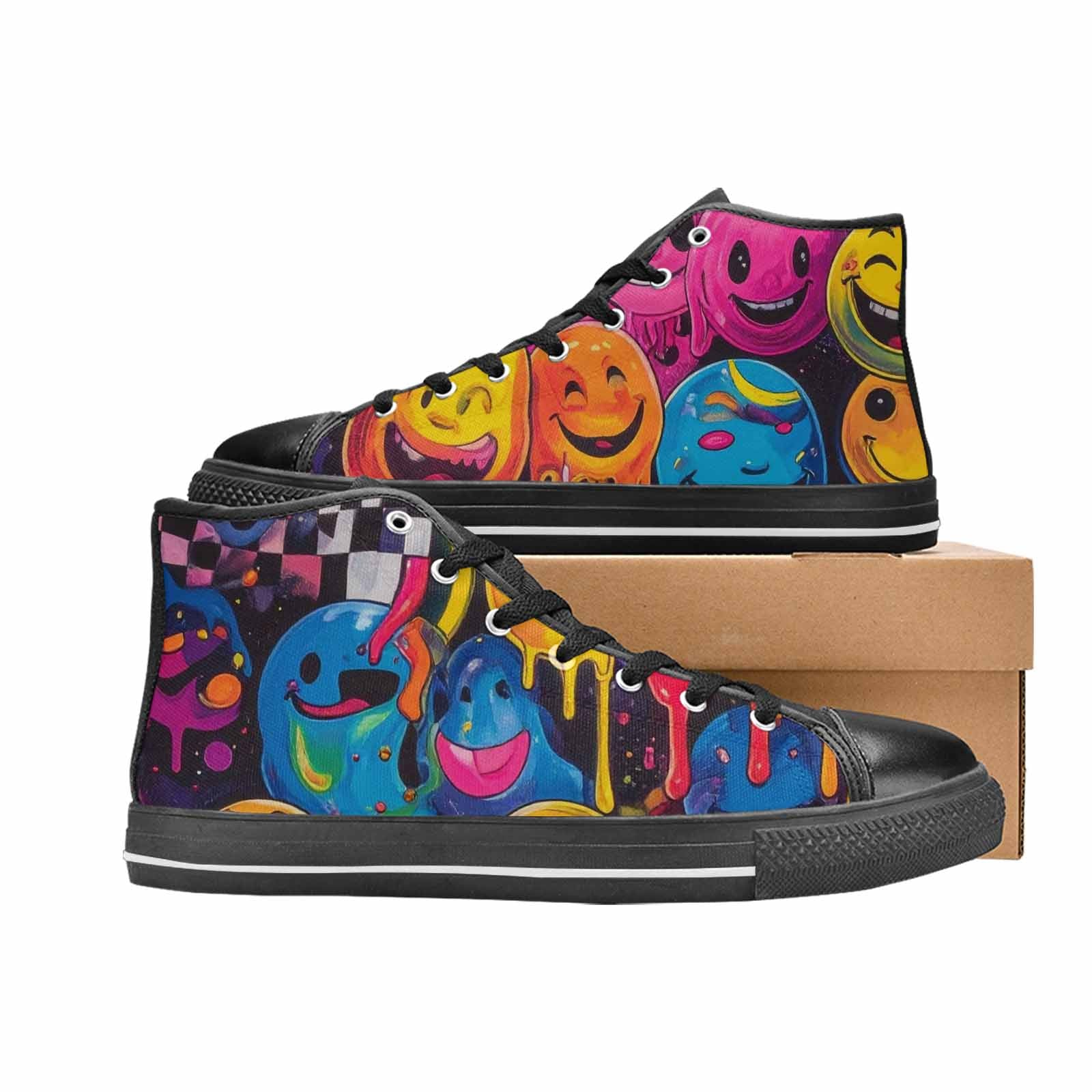 MEN'S Yellow Smiley Face High Top Canvas Aesthetic Custom Sneakers