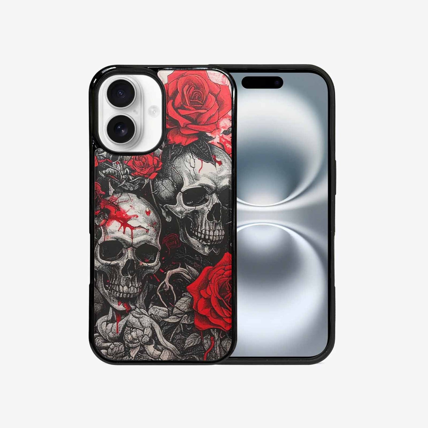 iPhone 16 Case — Skull And Roses Black Red Ink, Custom Print Case Cover
