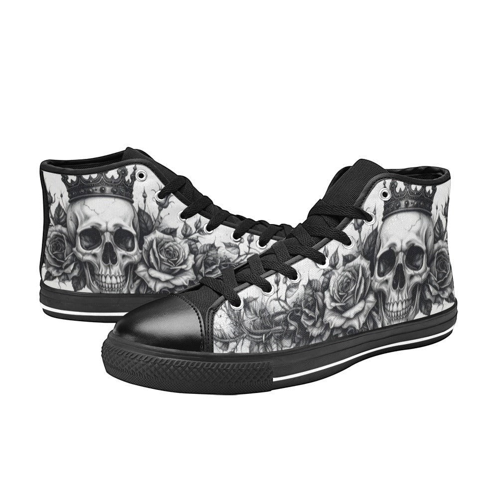 Freaky Shoes custom art sneakers featuring crown skull and rose tattoo art, made to order
