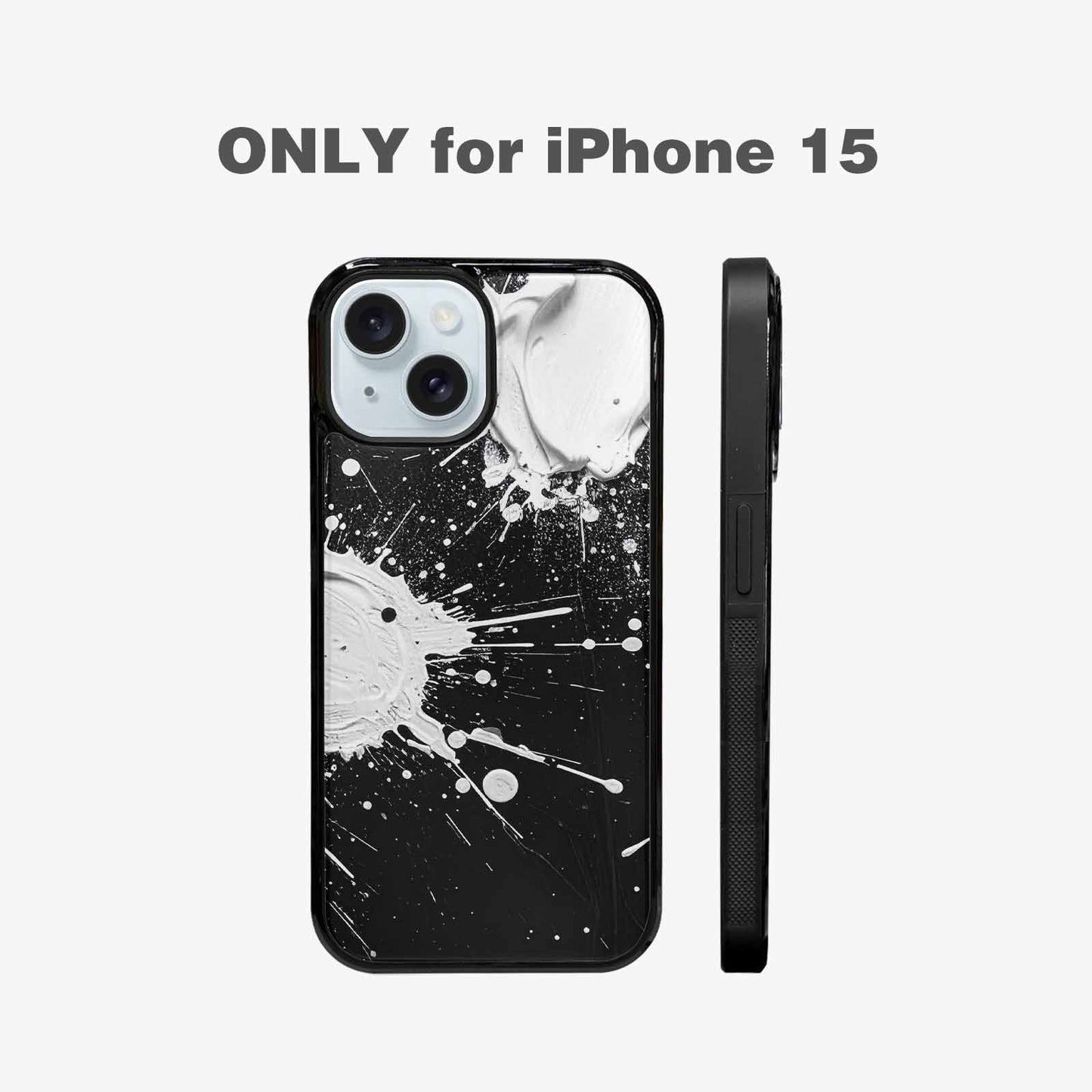 iPhone 15 Case — White Ink Splatter Texture On Black, Custom Art Phone Cover