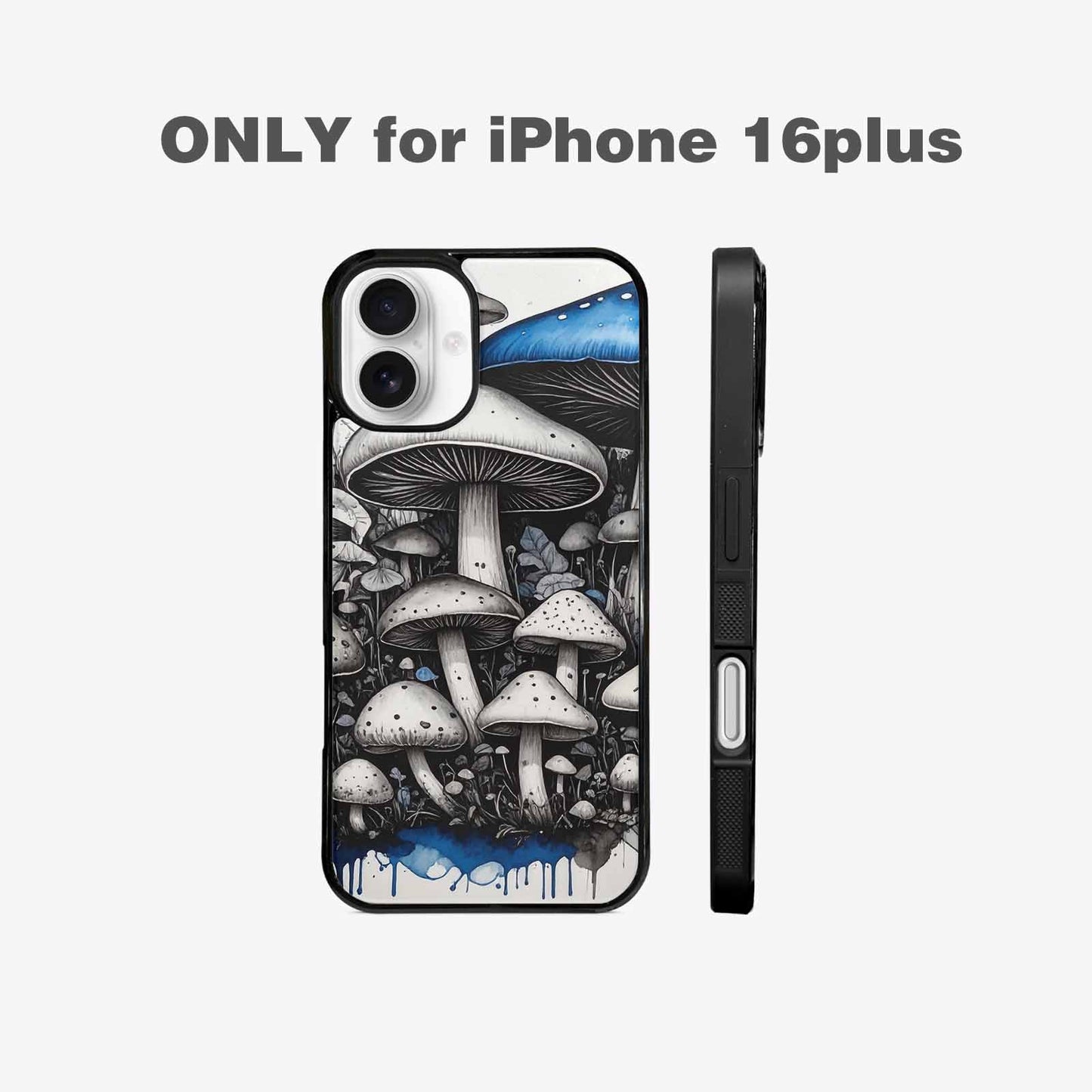 iPhone 16 Plus Case — Mushrooms General Black Blue Ink Mushrooms, Custom Print Case Cover