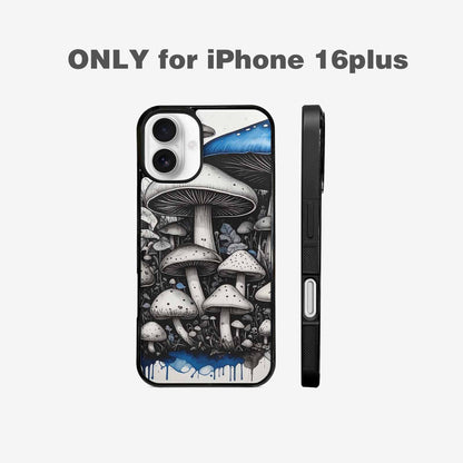 iPhone 16 Plus Case — Mushrooms General Black Blue Ink Mushrooms, Custom Print Case Cover