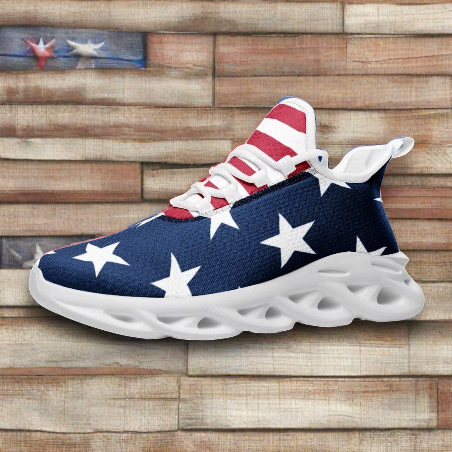 Patriotic USA Flag high-top canvas shoes, custom full-wrap printed design — Freaky Shoes