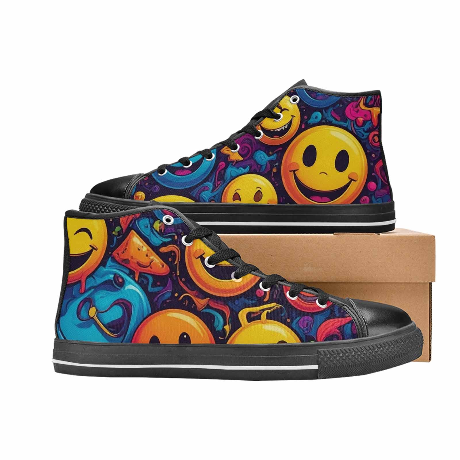 MEN'S Yellow Smiley Face High Top Canvas Vibrant Chaos Custom Sneakers