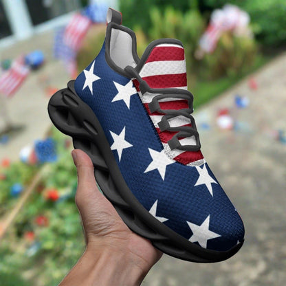 Patriotic USA Flag hand-made high-top canvas shoes — unique wearable art by Freaky Shoes