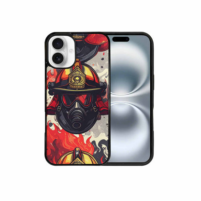 iPhone 16 Plus Case — Firefighter Pattern Flames Axes Helmets Seamless, Custom Printed Phone Case