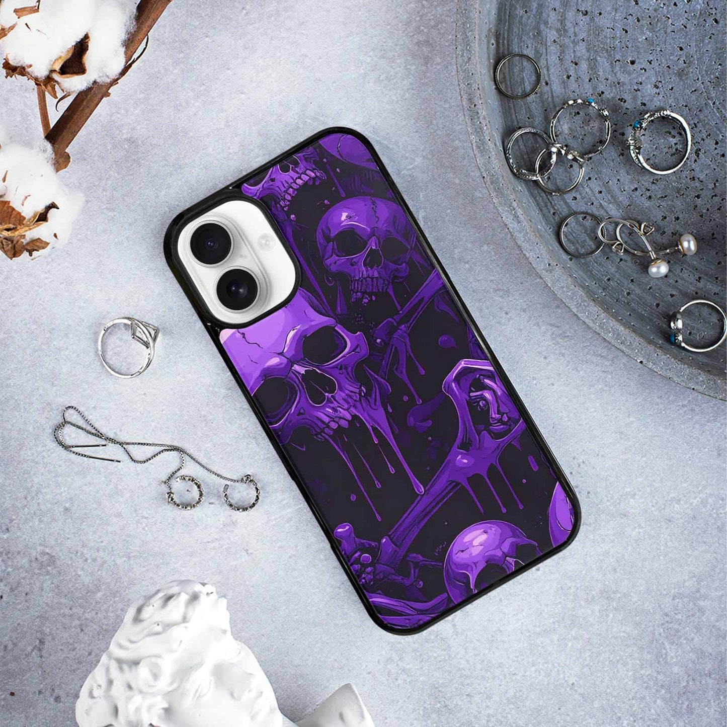 iPhone 16 Plus Case — Monochrome Purple Skeletons Neon Drip Melting, Custom Designed Case Cover