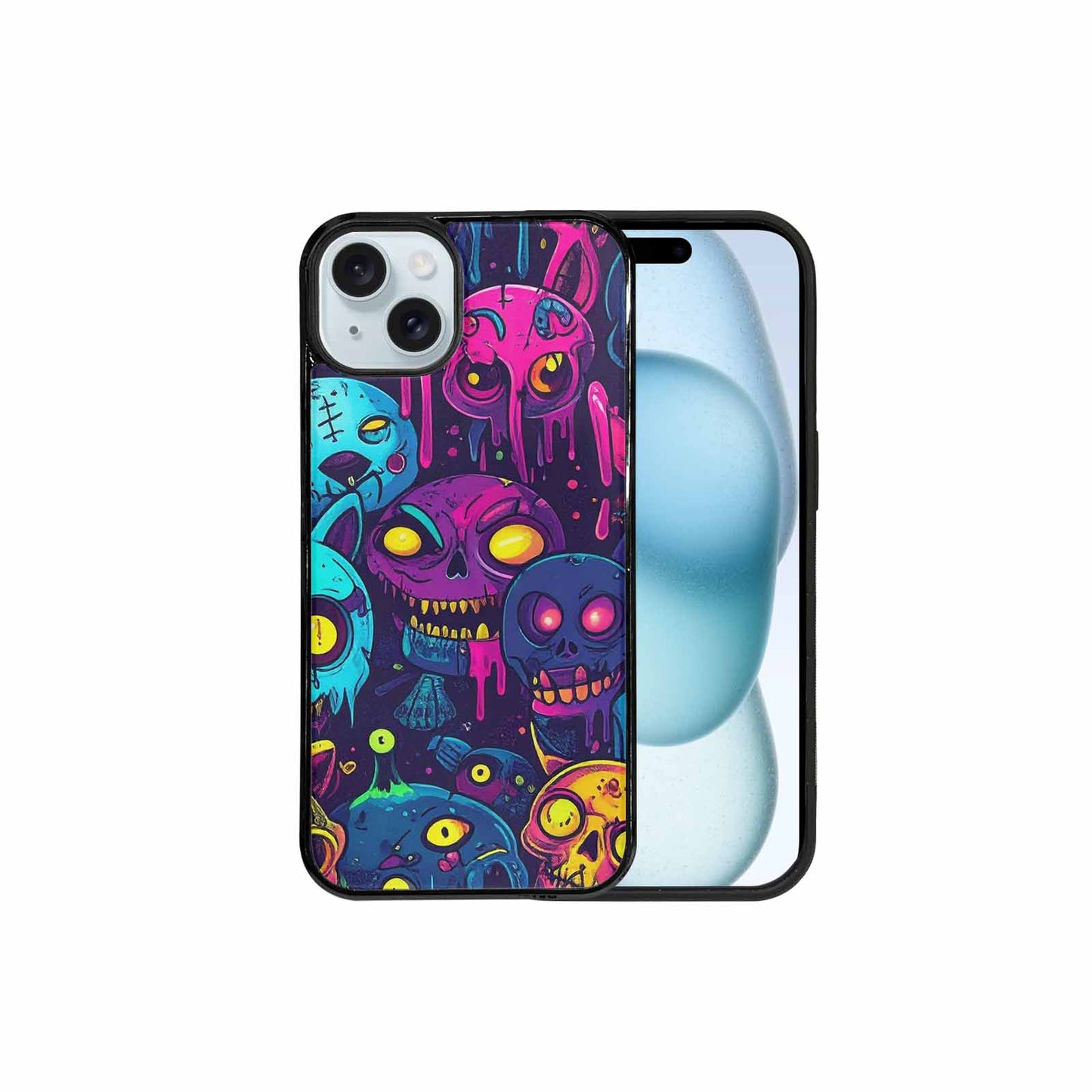 iPhone 15 Plus Case — Mixed Toxic Glow Creature Pattern Hundreds, Custom Designed Case Cover