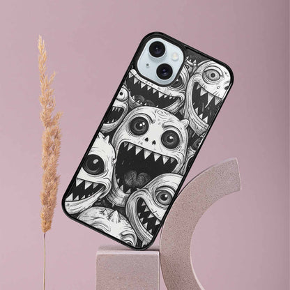 iPhone 15 Plus Case — Black And White Monster Face Collage, Personalized Phone Case