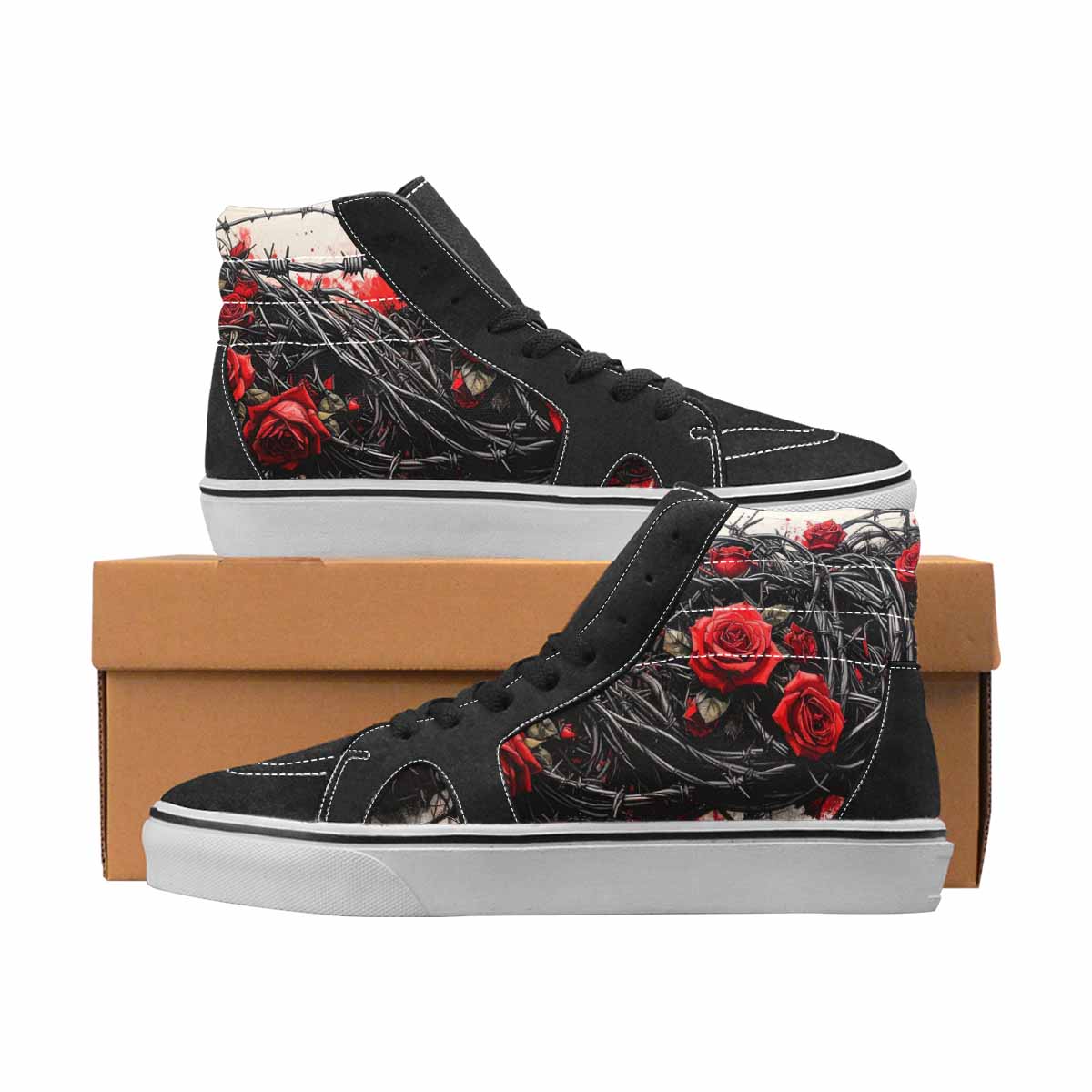 WOMEN'S Barbed Wire Black & Red Ink High Top Canvas Unique Print Grunge Custom Canvas Shoes