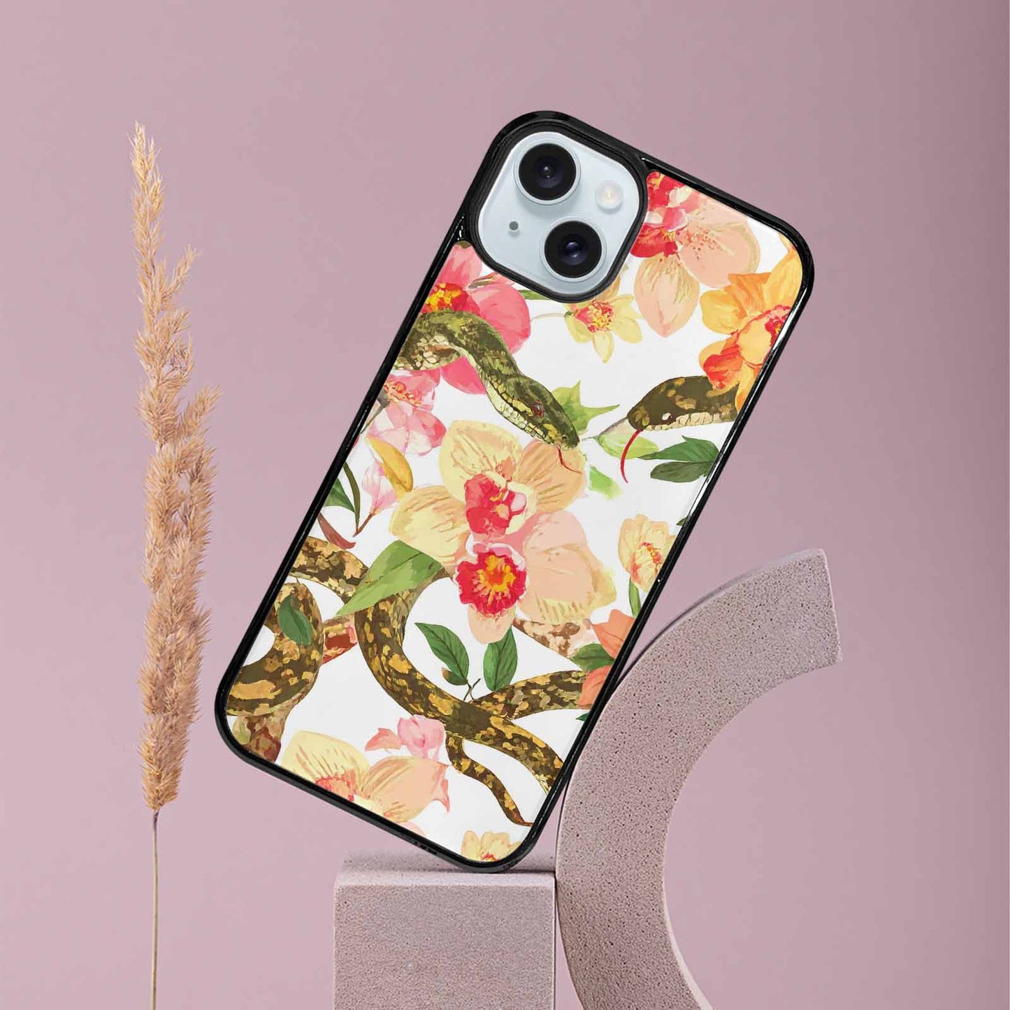 iPhone 15 Plus Case — Floral Snake Print, Custom Designed Case Cover