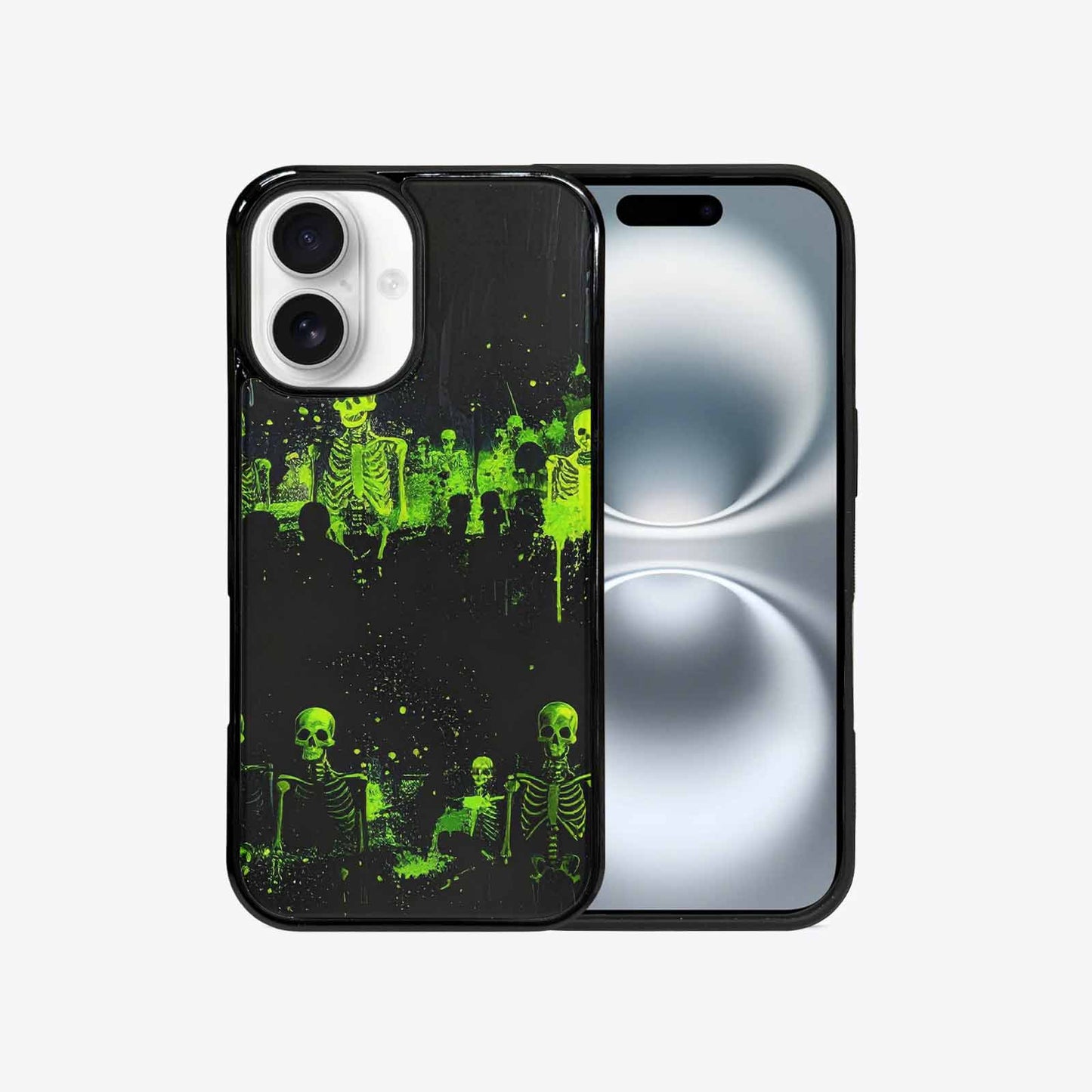 iPhone 16 Case — Skeletons Neon Green Glow Skeletons Pattern, Unique Phone Case Design