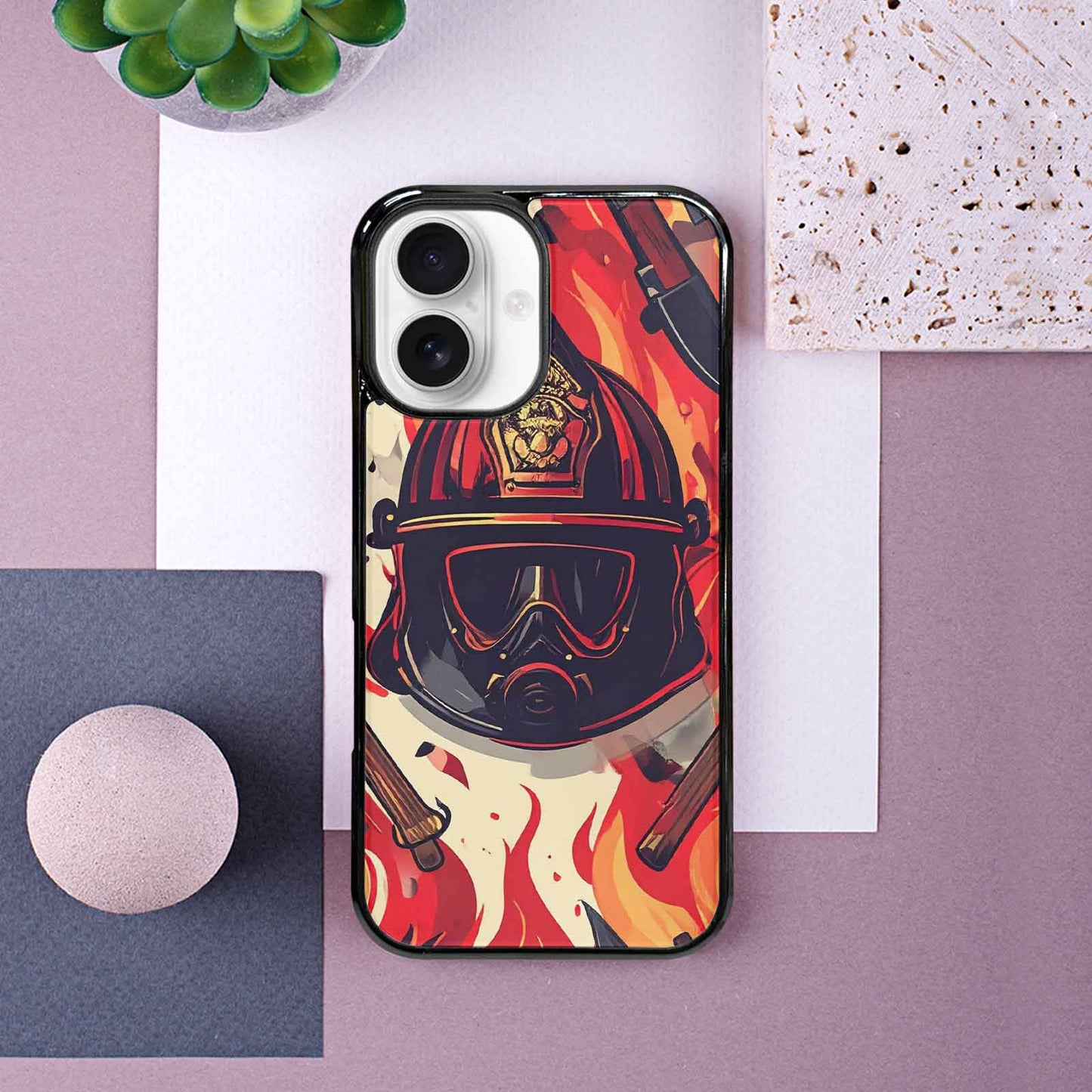 iPhone 16 Case — Firefighter Pattern Flames Axes Helmets Seamless, Unique Phone Case Design