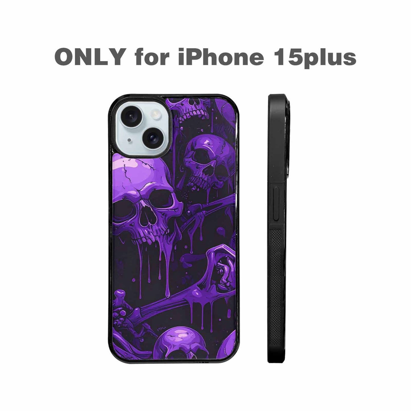 iPhone 15 Plus Case — Monochrome Purple Skeletons Neon Drip Melting, Customized Protective Case