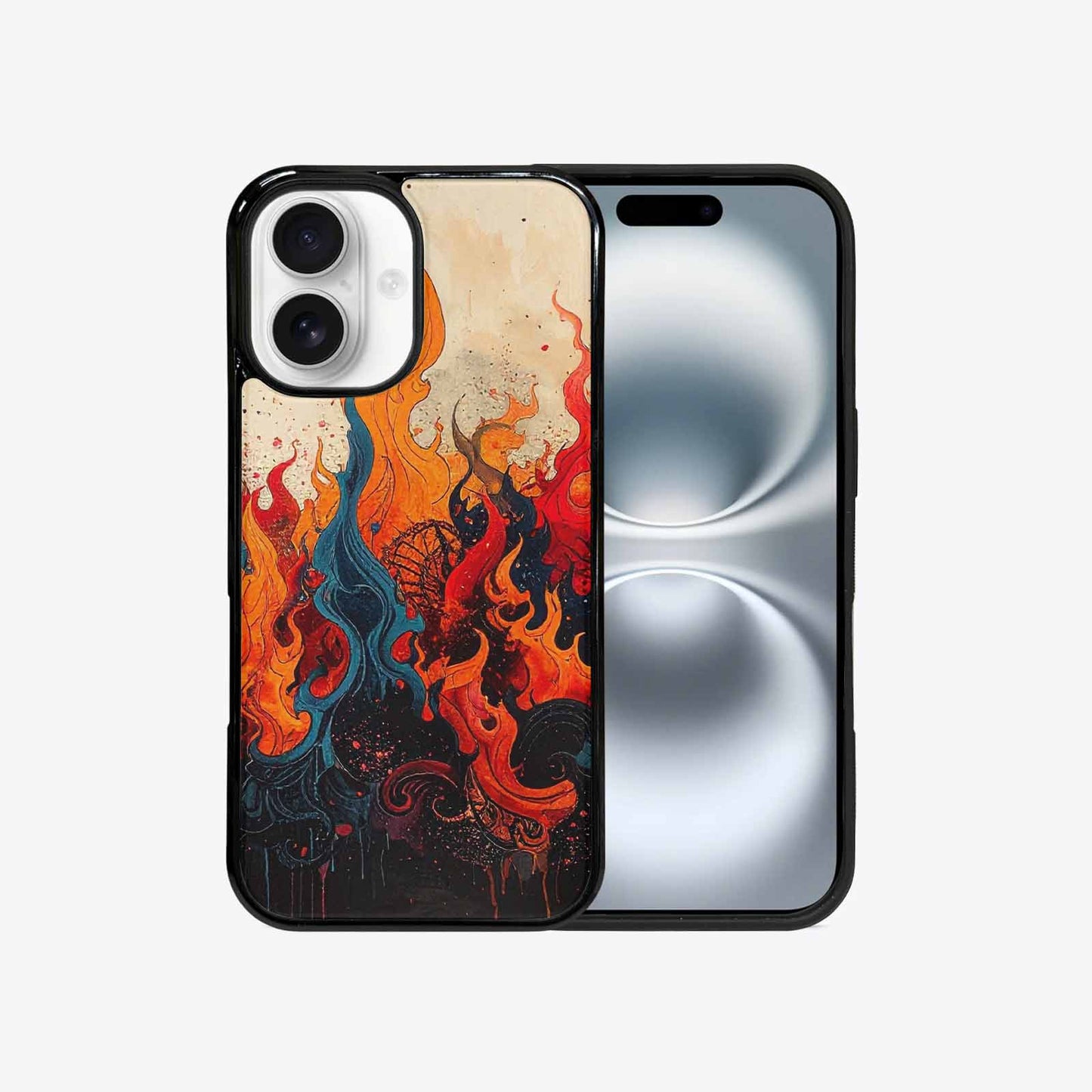 iPhone 16 Case — Flame Burst Black Red Ink Flame, Custom Phone Case