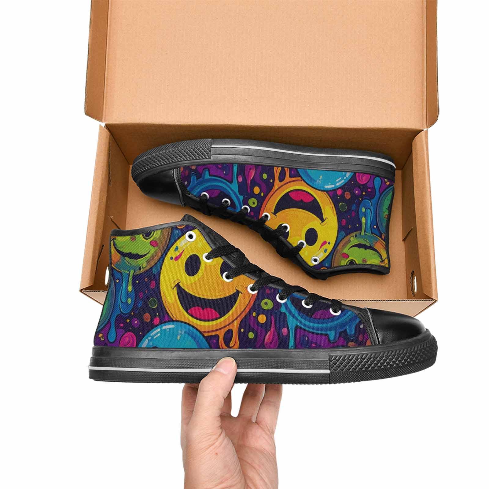 WOMEN'S Yellow Smiley Face High Top Canvas Dark Academia Shoes
