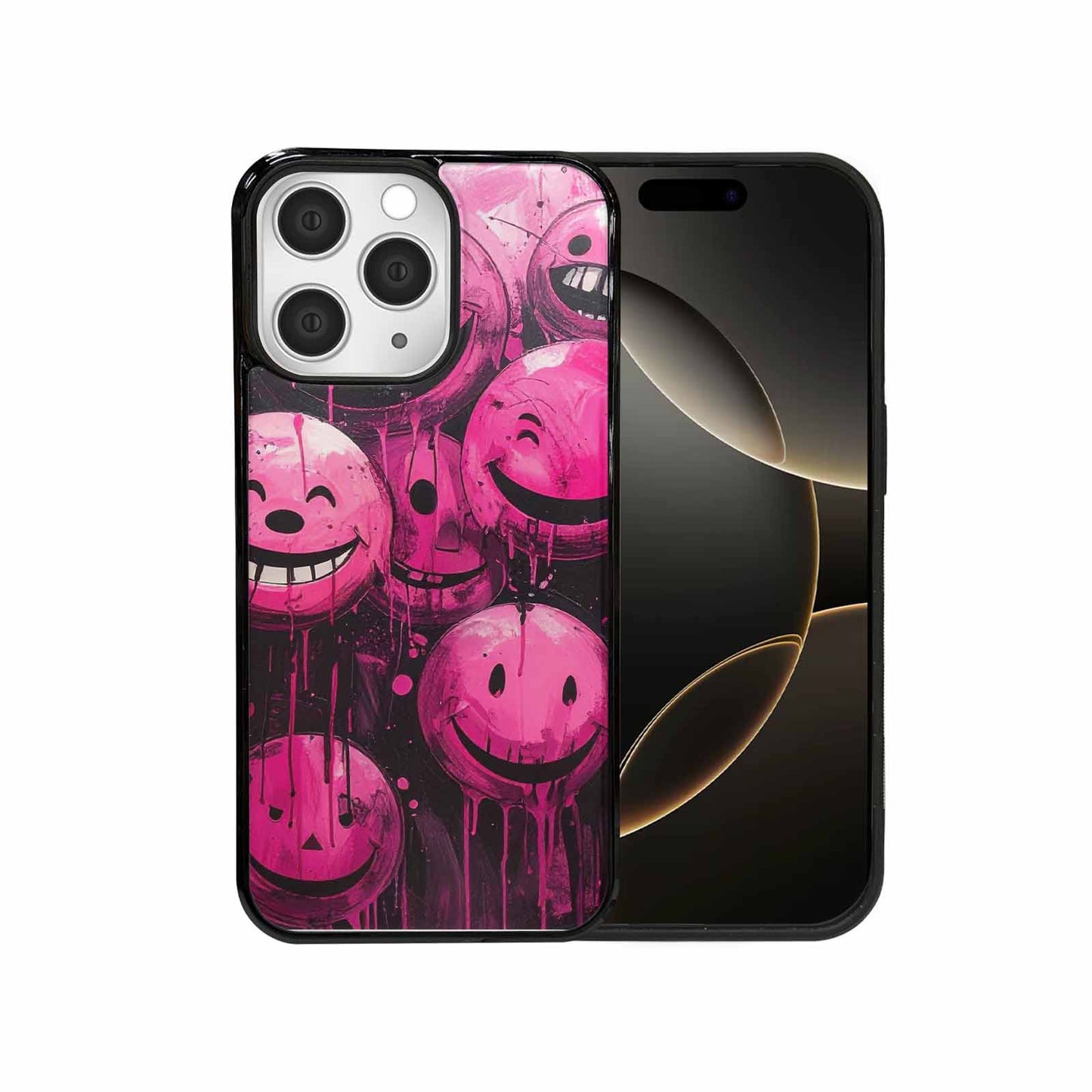 iPhone 15 Pro Max Case — Melting Moon Smiley Black Pink Ink, Custom Phone Case