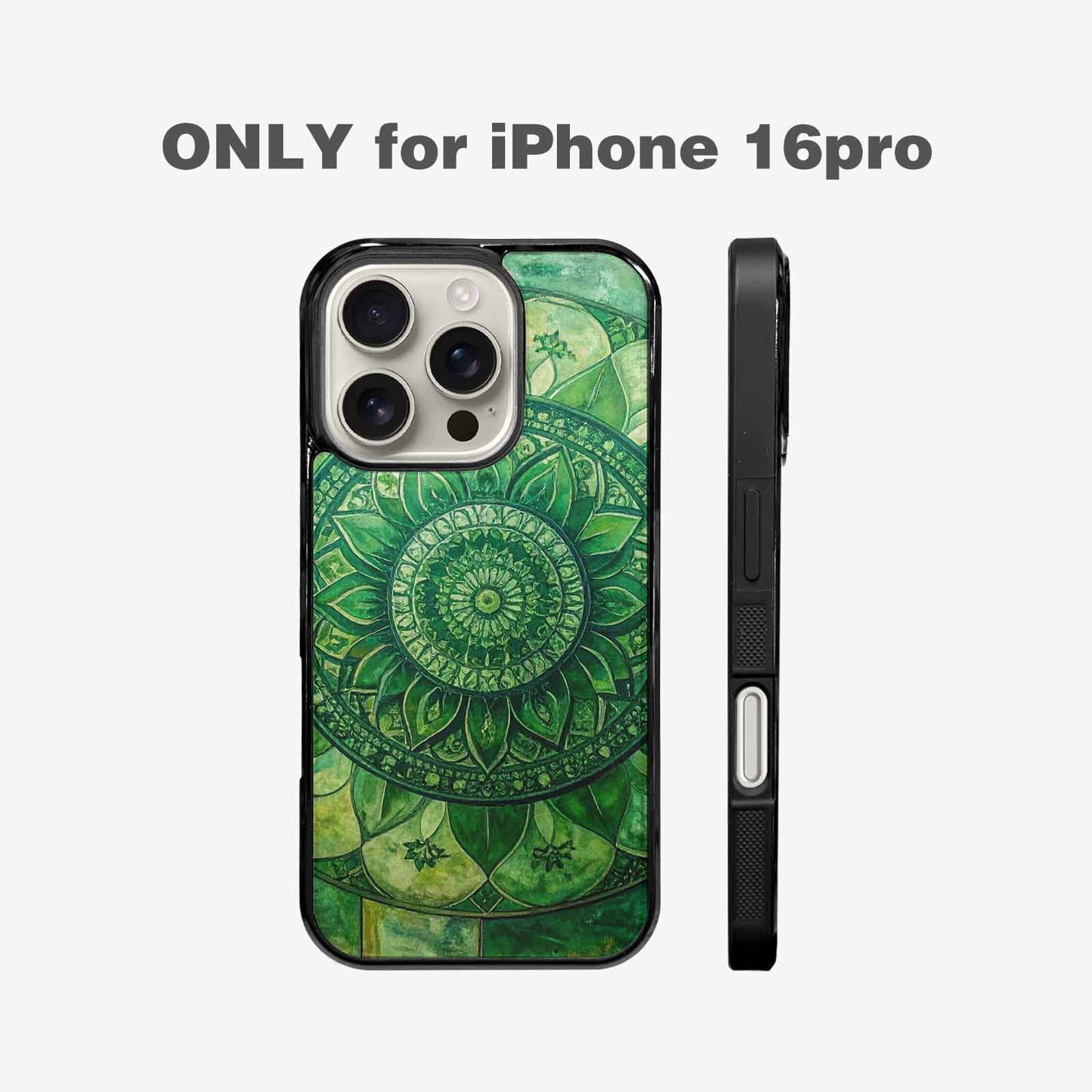 iPhone 16 Pro Case — Green Mandala Bohemian Print Edge To, Custom Made Phone Cover