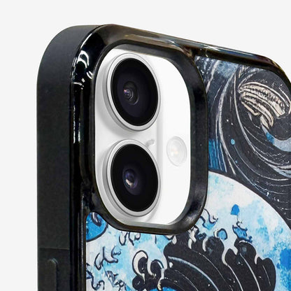 iPhone 16 Plus Case — Nautical Wave Black Blue Ink Wave, Custom Art Phone Cover