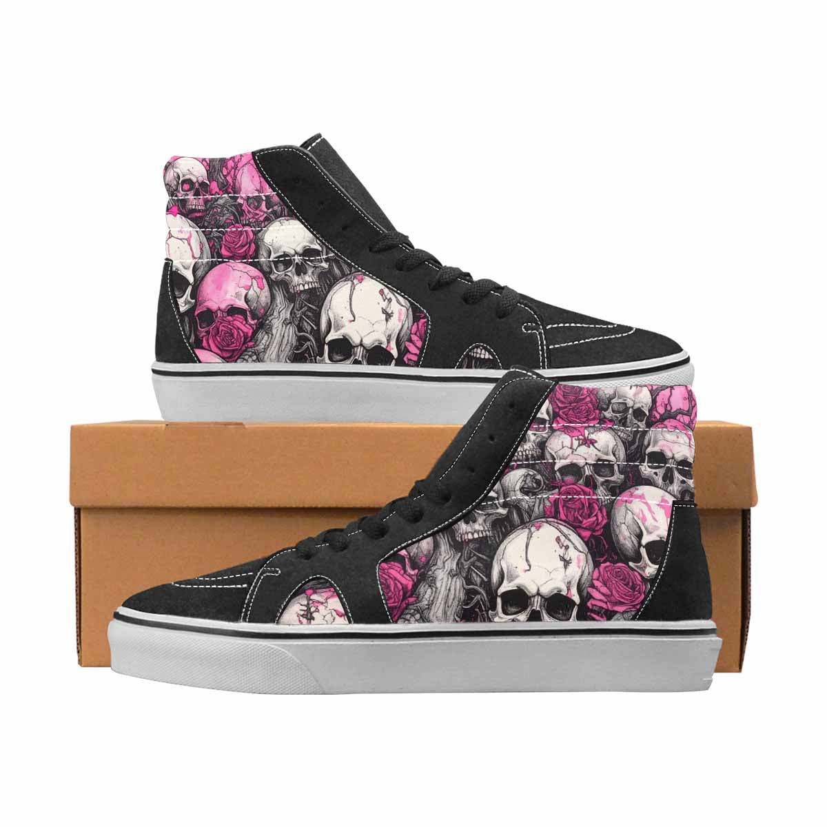 WOMEN'S Skulls Black & Pink Ink High Top Canvas Custom Design Cottagecore Custom Streetwear Shoes